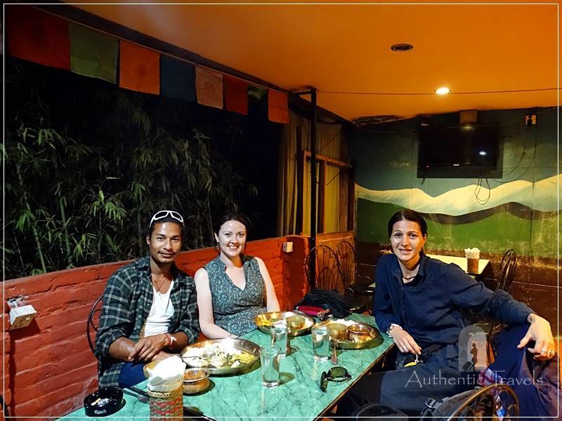 Eating dhal bhat with Elen and Ramesh in a restaurant in Thamel