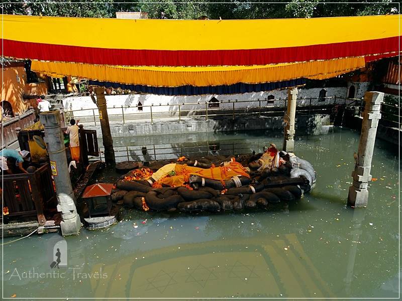 Budhanilkantha Temple (a suburb of Kathmandu): the statue of Vishu as Narayan floating on water