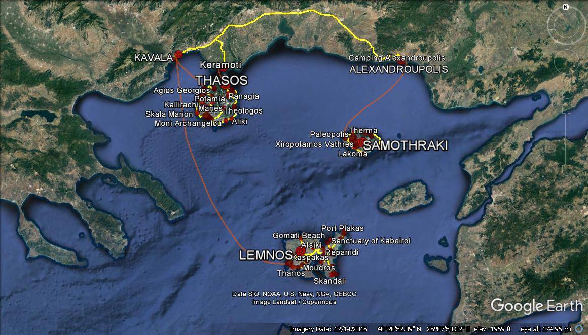 Greek Island Travel Planning 2016 (orange – ferry route, yellow – road trip)
