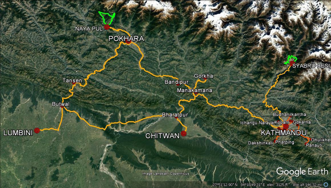 Nepal Travel Planning 2016 (orange – bus trip, green – treks)