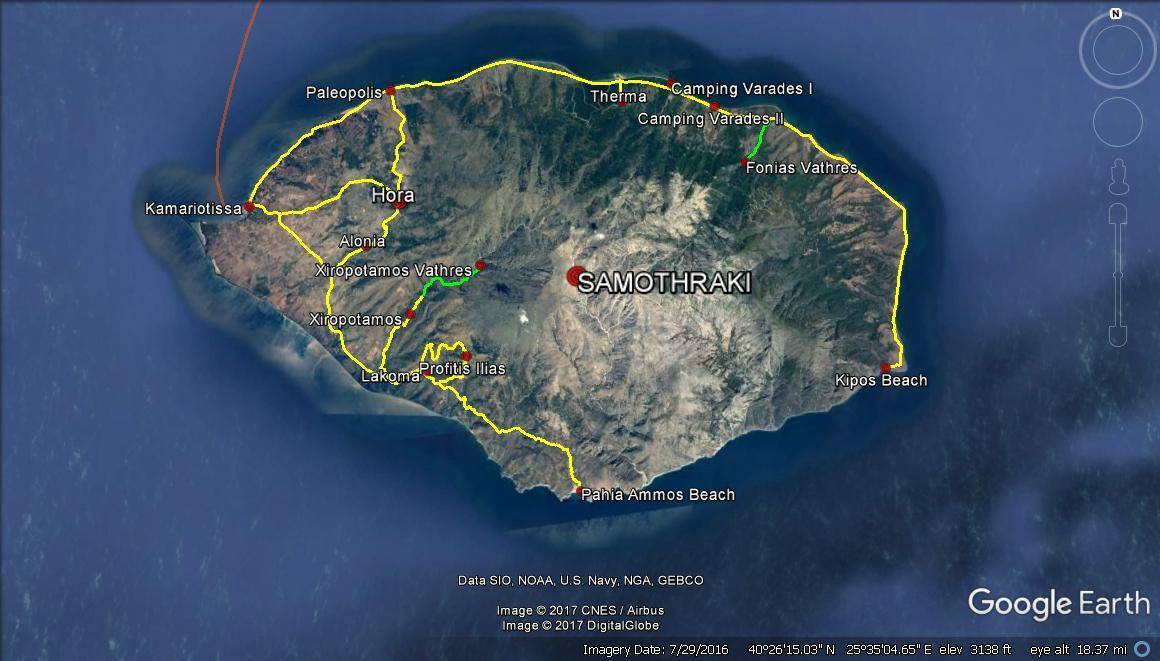 Greek Islands Travel Planning – Samothraki Island (5 days – yellow – road trip, green – hike)