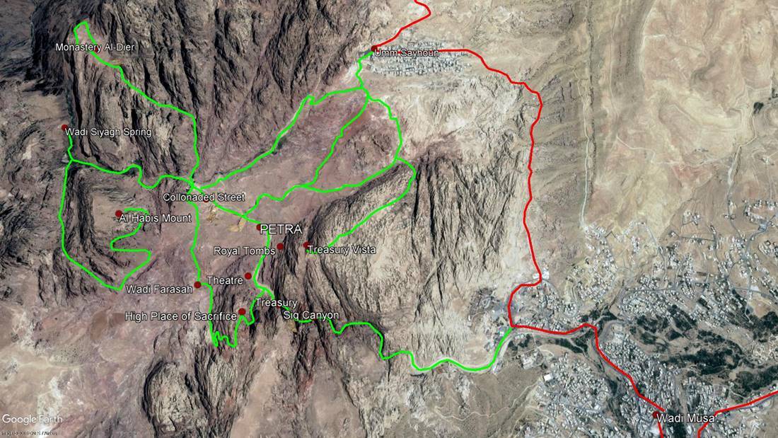 Petra (green - hikes, red - car)