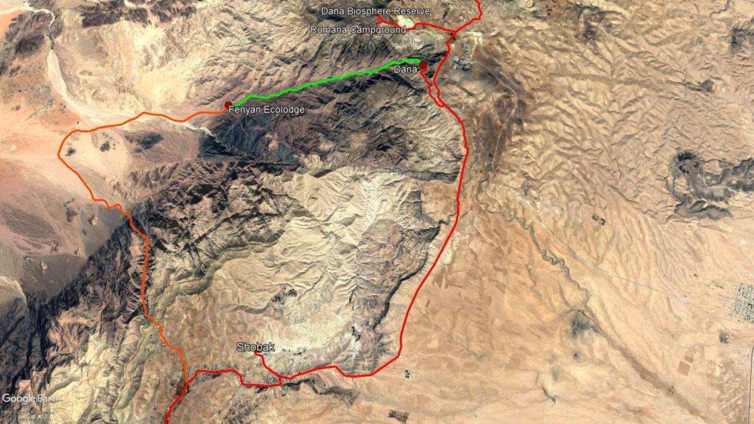 Wadi Dana Trail (green - trek, orange - car)