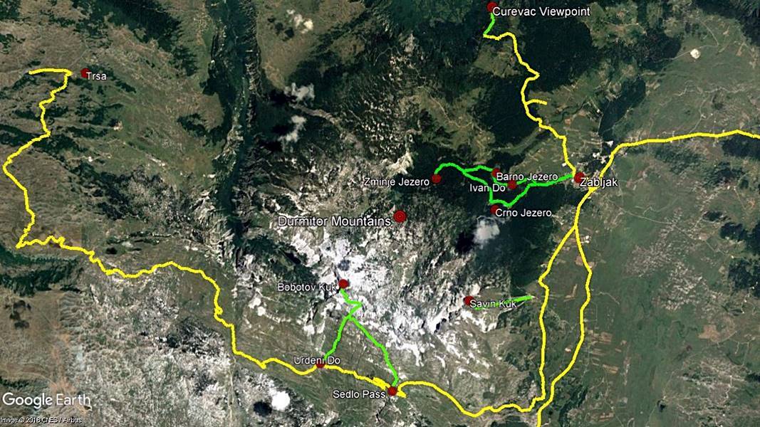 Balkan Countries Travel Planning 2018 - Durmitor Mountains (yellow - car, green - hikes)