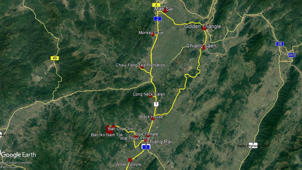North of Thailand Travel Planning 2019 - Chiang Rai surroundings - Legend: yellow - car, red - train, green - trekking