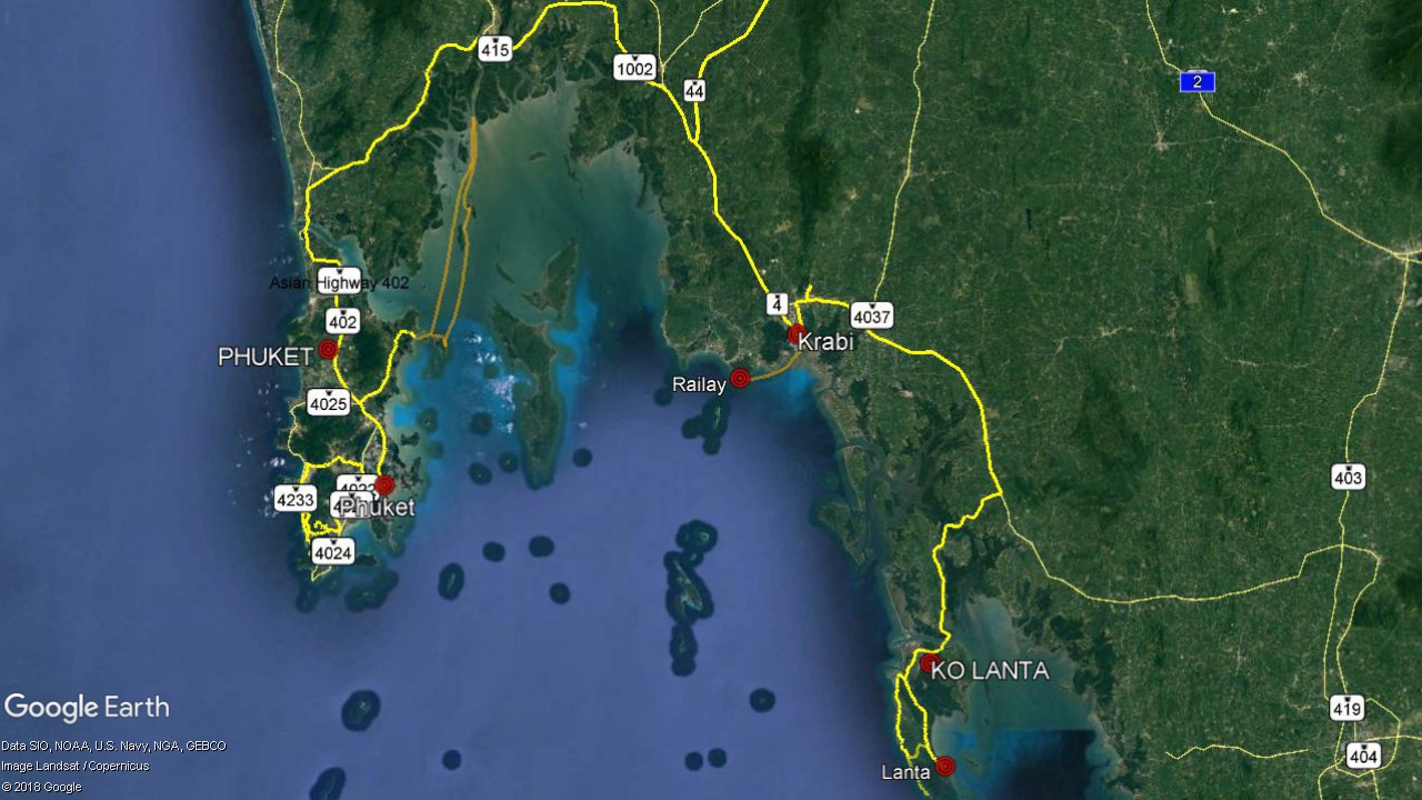 Thailand Travel Planning 2019 - Phuket - Krabi - Ko Lanta - Legend: yellow - car/ scooter, orange - boat / ferry