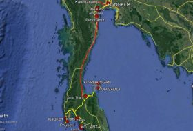 South of Thailand Travel Planning 2019 - Legend: yellow - car, orange - boat / ferry, red - train