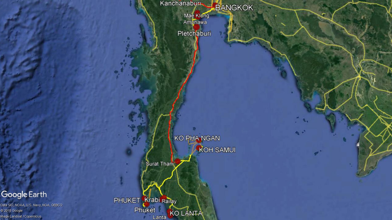 South of Thailand Travel Planning 2019 - Legend: yellow - car, orange - boat / ferry, red - train