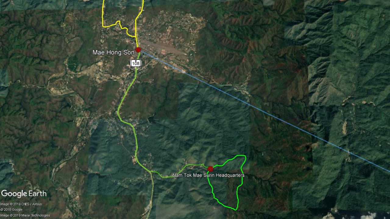 North of Thailand Travel Planning 2019 - Trekking Nam Tok Mae Surin National park (1 day) - Legend: yellow - car, green - trekking, light green - bicycle, blue - airplane 