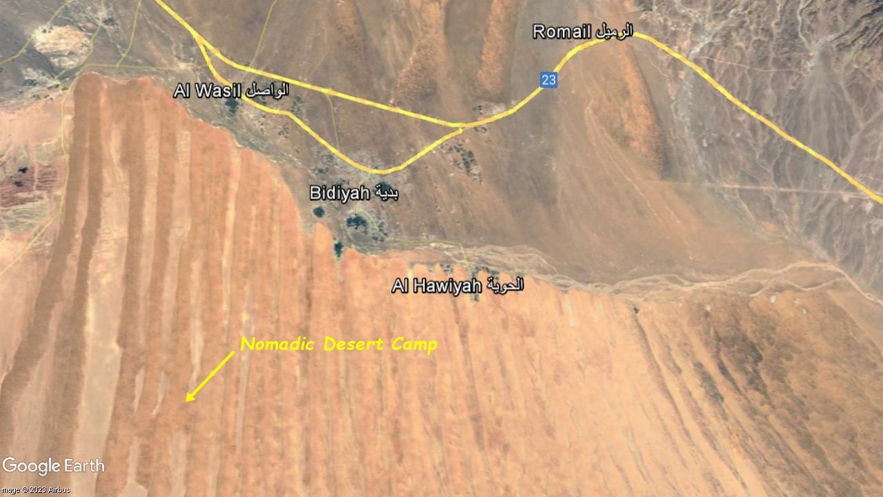 The location of Nomadic Desert Camp in Sharqiya Sands (near Al Wasil village)