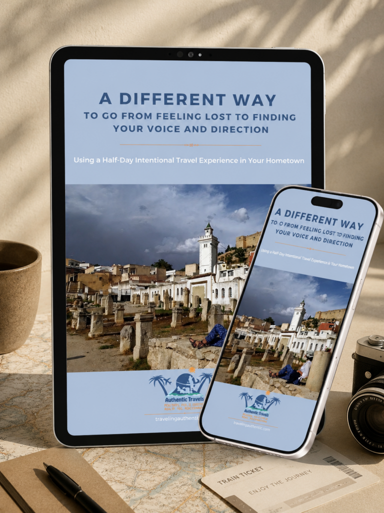 Mockup of the Authentic Travels free guide displayed on a tablet and smartphone.